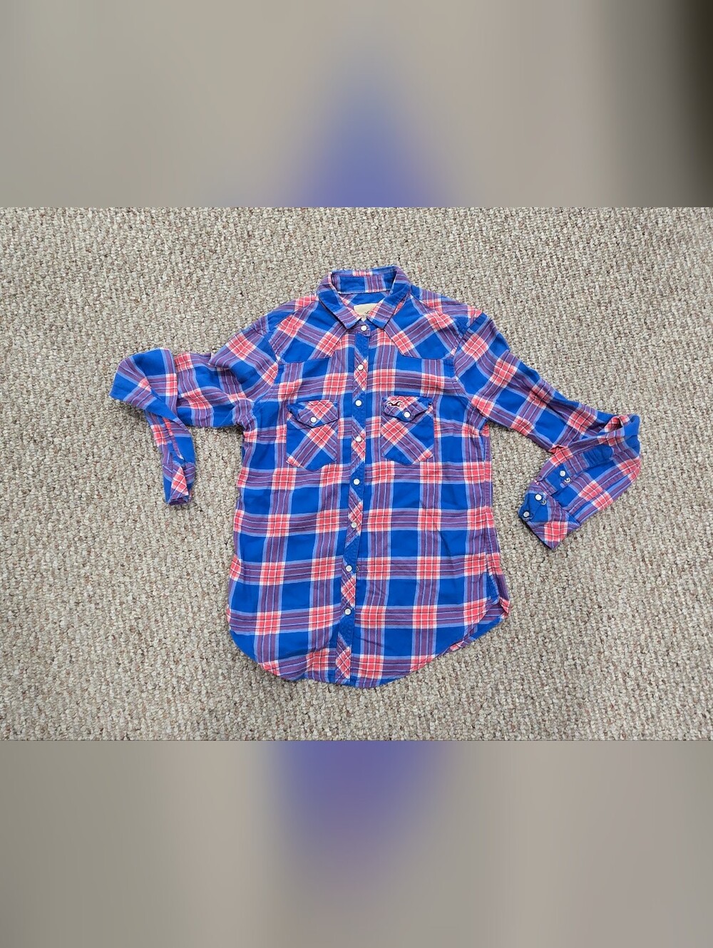 Hollister Y2k 2000s Womens Pink Blue Plaid Flannel Pearl Button Down Shirt XS
